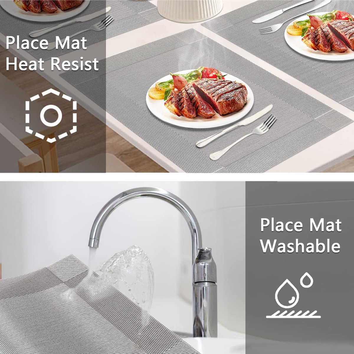 Tafelmatten Set - Onderzetters - Eettafel Beschermen - Hittebestendig Tot 80°C - 45x30cm - Grijs