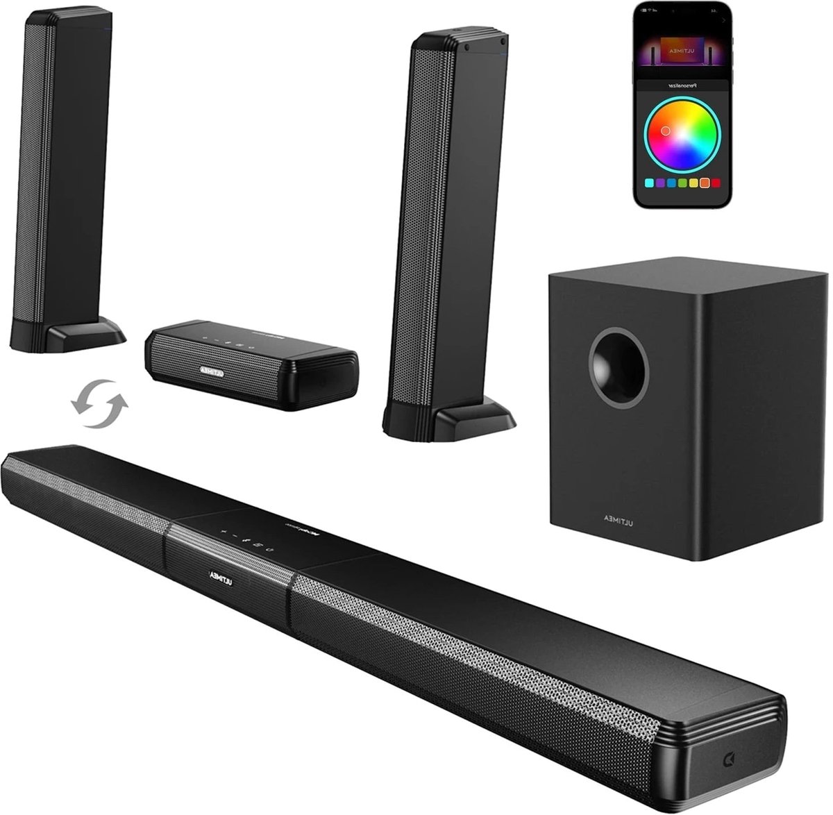 Soundbar - 5.1 - Soundbar met Subwoofer - Soundbar voor TV - Bluetooth - App Control - met RGB Verlichting - 320W Geluidssysteem - Zwart