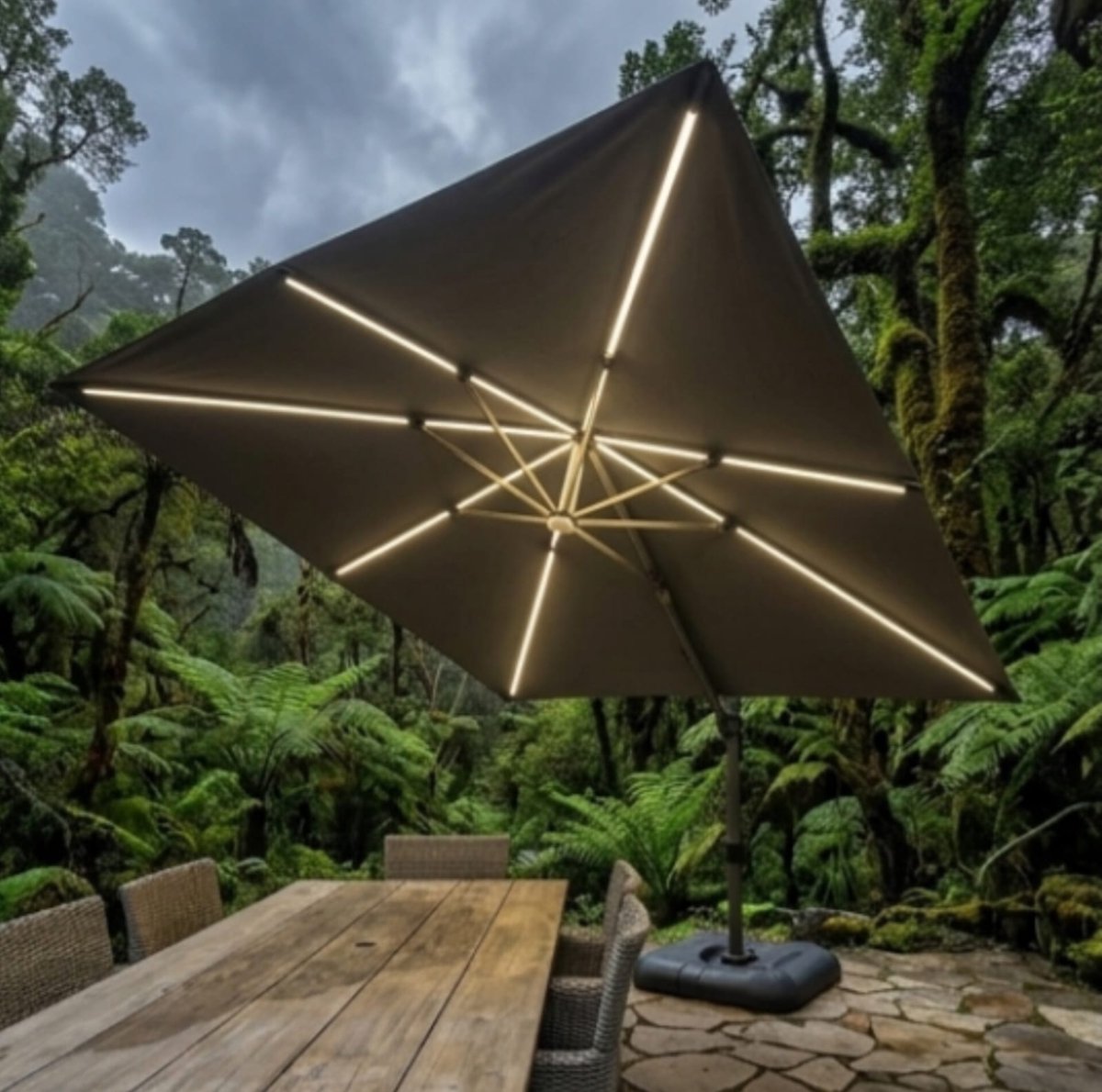 Zweefparasol 300x300 cm met LED verlichting en 360° rotatie – Kantelbare tuinparasol met zwengel, aluminium frame, waterbestendig & UV-bescherming – Grijs – NoviHome