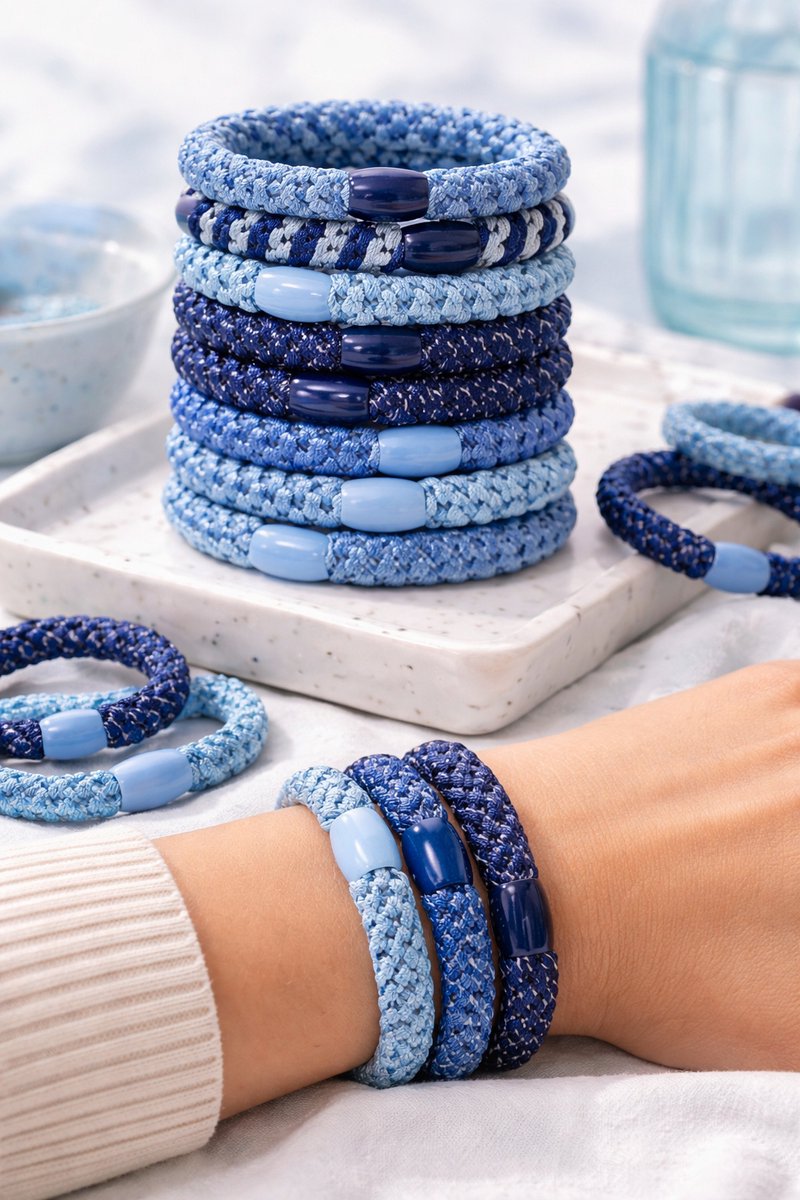 15 x Knekkie Haarelastiekjes met Kraaltje – Gevlochten Elastiek & Armband - Blauwe Stijl — cadeau in Mode & Accessoires - foto 3