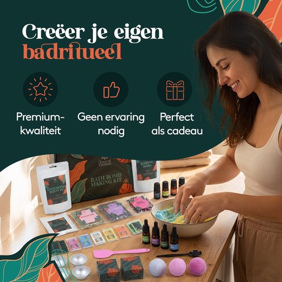 Vrouw maakt bruisballen, badbom maken kit met ingrediënten en aroma's