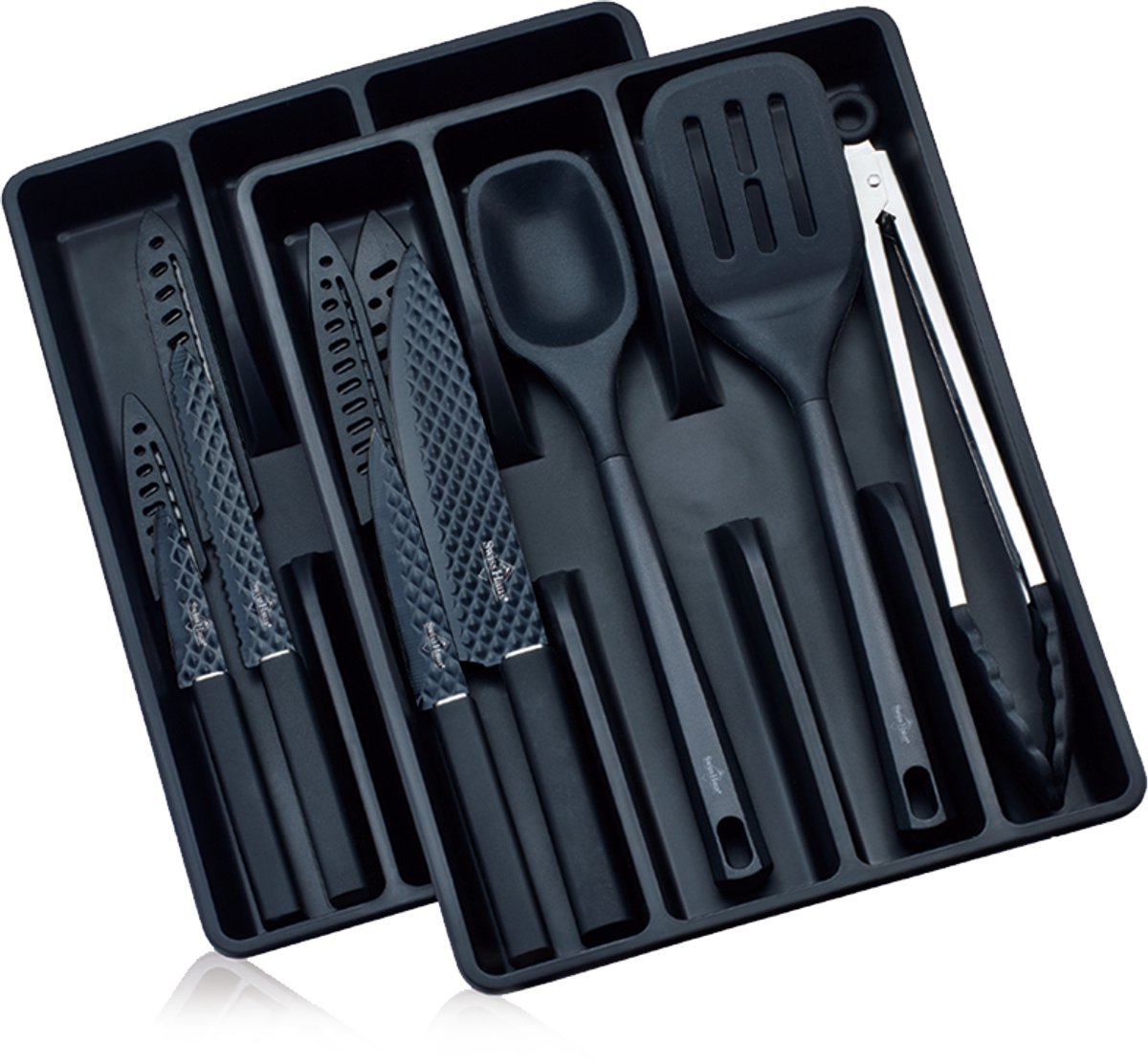 Swiss Haus® KS13B Messenset Met Keukengerei & Bestekbak – 13 Delige Keukenmessen Set - Inclusief 2 Bestekbakken – Antiaanbaklaag – Zwart