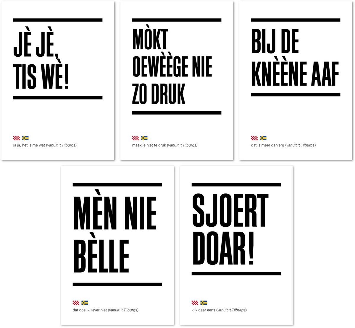Tilburgse Kòrtjes - set van 5 - gezegden - Ansichtkaarten - Wenskaarten