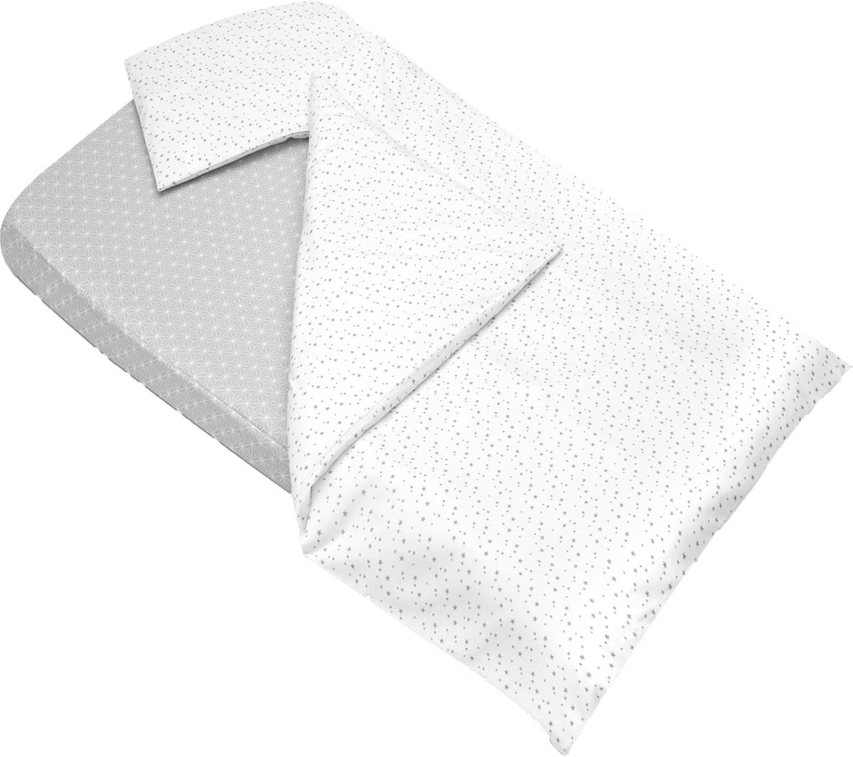 3-Delige Beddengoed Set 80x160 cm: Hoeslaken, Kinder Dekbedovertrek en Kussensloop Grijs Sterren