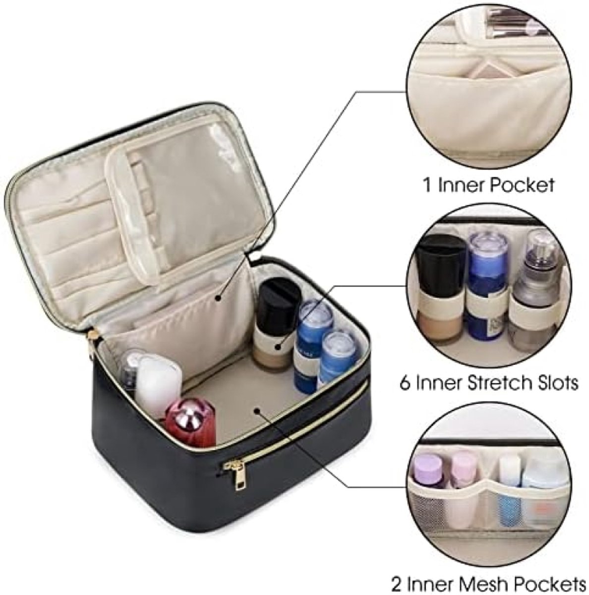 Ruime Make-uptas met Kwastenorganizer - Zwarte PU-leer Cosmetic Tas