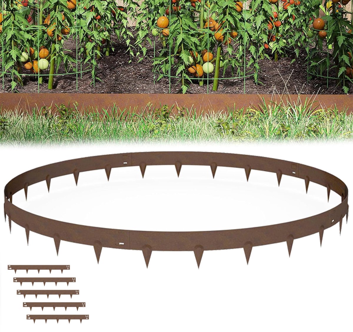 Aufun Gazonrandafwerking - 5-delige set - 106x16 cm per stuk - Totaal 5,6 m - Gegalvaniseerd metaal - Roestkleurig - Flexibel - Voor tuin, park en boerderij
