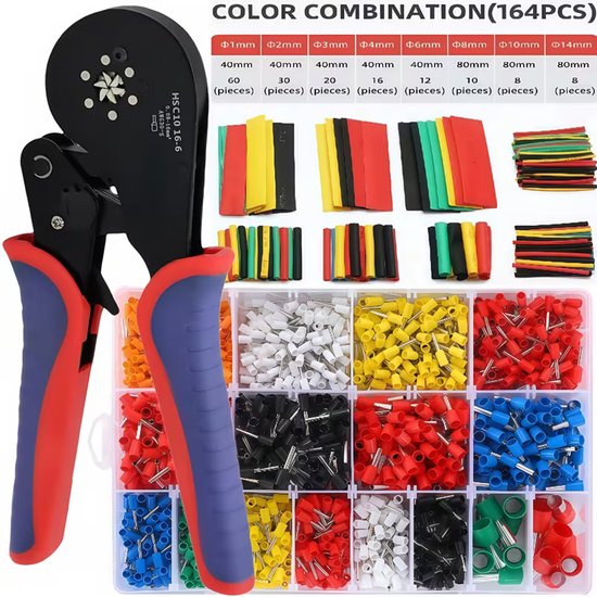 Krimptang met rode en blauwe handgrepen naast een assortiment van 164 stuks adereindhulzen en krimpkousen in diverse kleuren.