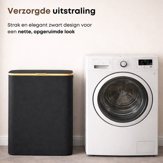 ACAZA Panier à Linge - Trieur de Linge - Panier à Linge avec Couvercle - Panier à Linge 2 Compartiments - Bamboe - 130L - Zwart