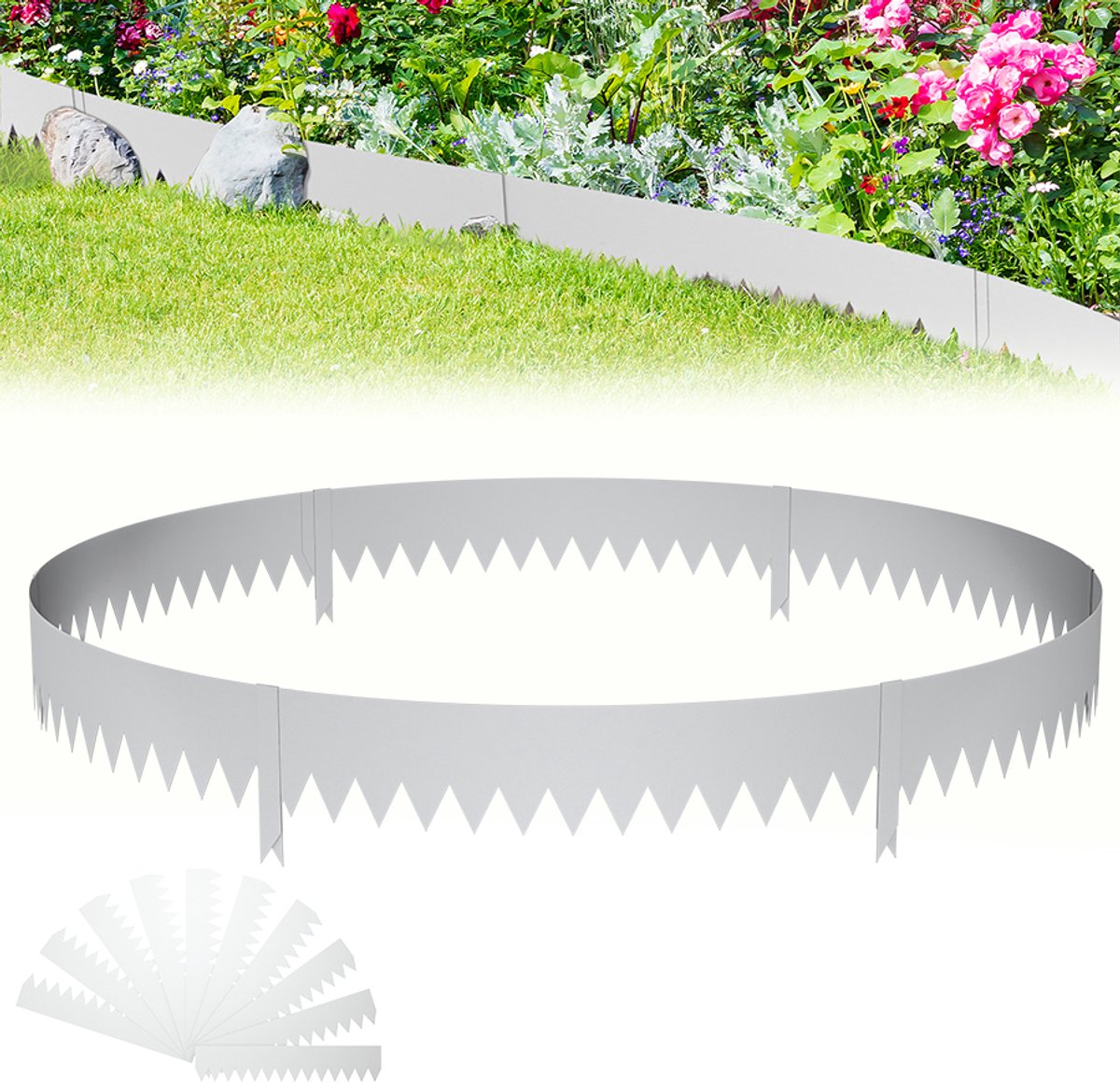Aufun Gazonrandafwerking - 10 Delige Set - (Elk Stuk 100 cm × 20 cm) - Gegalvaniseerd Metaal - Totale Lengte 10,6 Meter - Zilver - Flexibele Gazonrandafwerking - Voor Tuin, Park, Boerderij