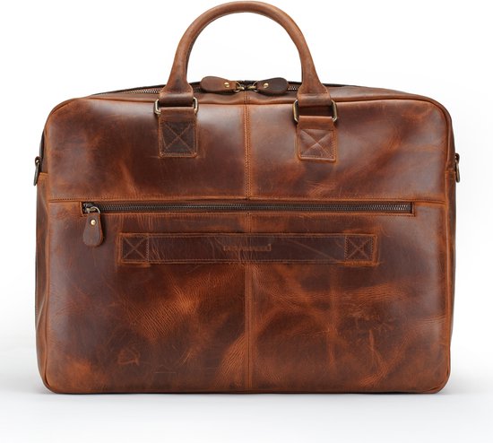 Bruine XL leren laptoptas met een voorvak met rits en een geweven detail, frontaal bekeken.