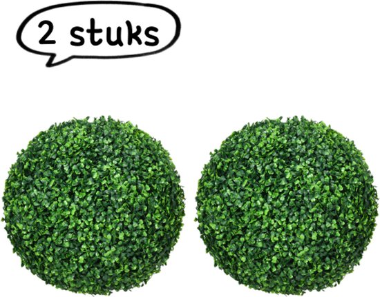 Set van 2 stuks: twee identieke groene kunstbuxusbollen naast elkaar.