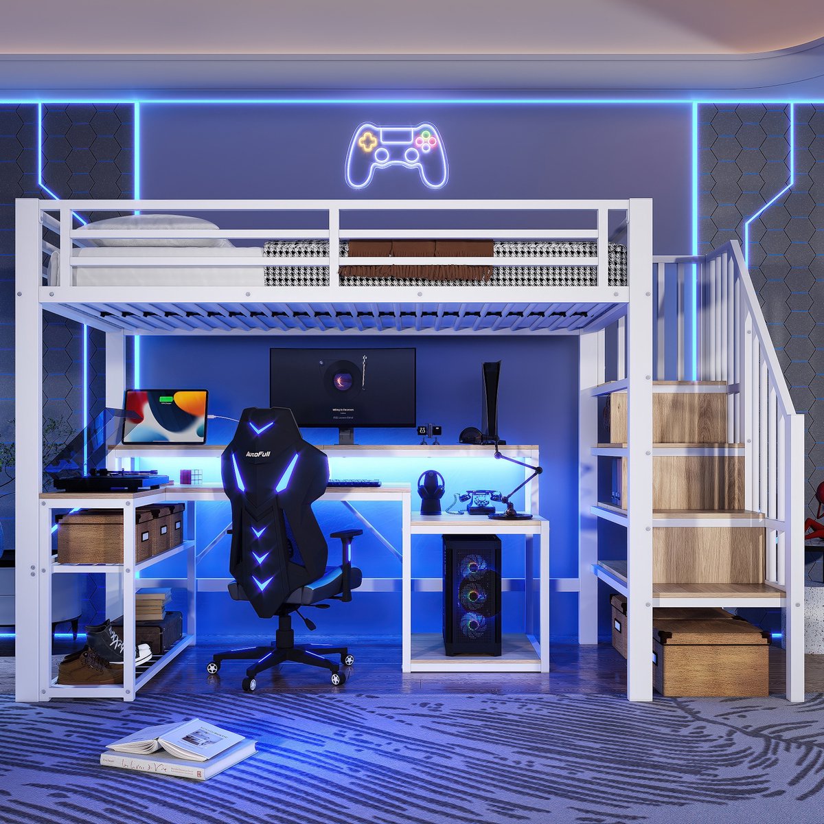 Sweiko Hoogslaper - 90 x 200 cm - Metalen frame - Opbergruimte - LED-verlichting - Met bureau - USB-poorten - Wit