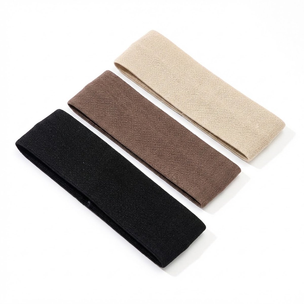 Set van 3 brede elastische haarbanden – zwart, bruin en beige – zachte rekbare hoofdbanden voor dames