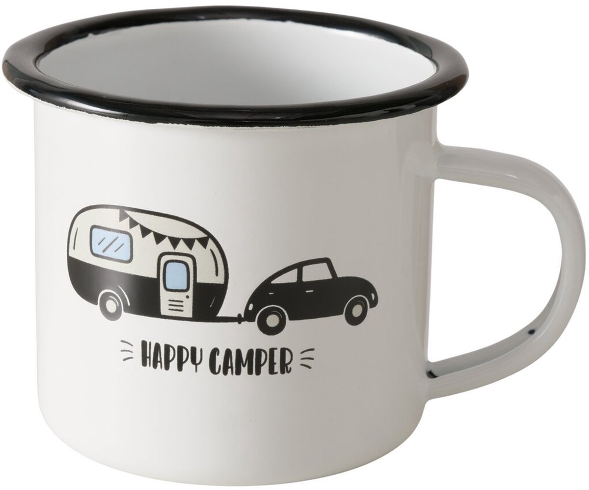 Boltze - Beker - Mok - Happy Camper - Emaille - Zwart/Wit - 300 ml - Camping Mok -