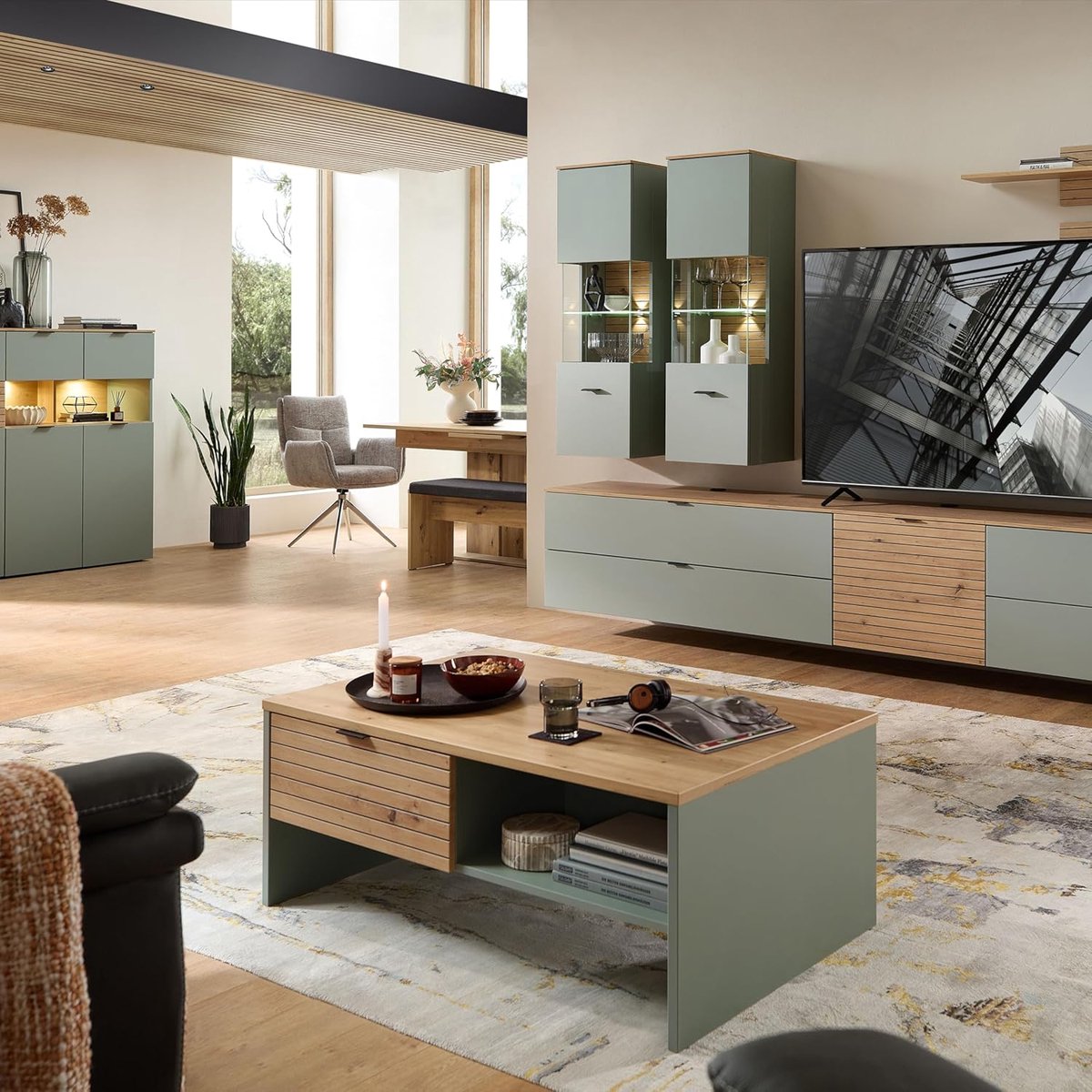 Salontafel met Laden 110 x 65 x 44 cm – Moderne Woonkamertafel met Opbergruimte, Kasjmier & Rietgroen/Artisan EikenFSC-gecertificeerd – Pauwhome
