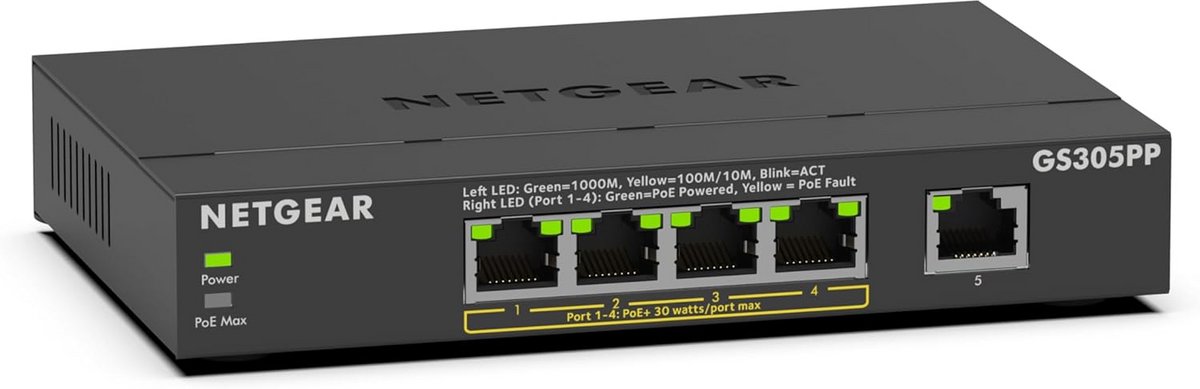 Gigabit Netwerk Switch met 5 Poorten en PoE+, Compacte Desktop/Wandmontage