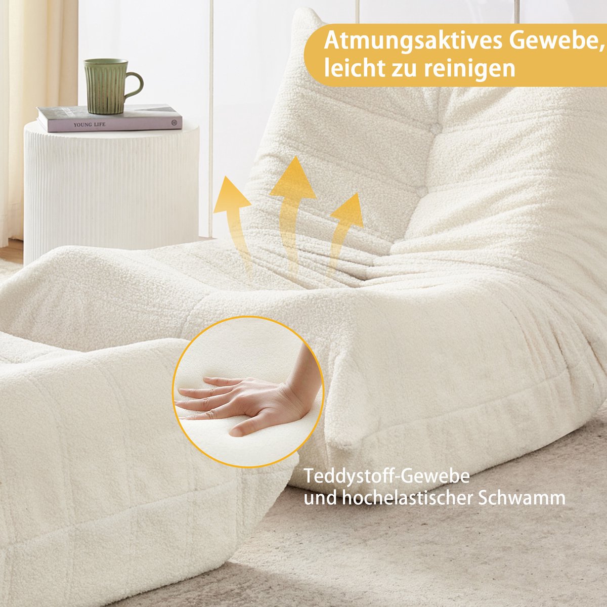 Loungebank-Lazy Stoel Met Rugleuning En Voetensteun-Ligstoel Voor Woonkamer En Slaapkamer--Volwassenen-Zonder Montage-100x90x70 cm-Beige