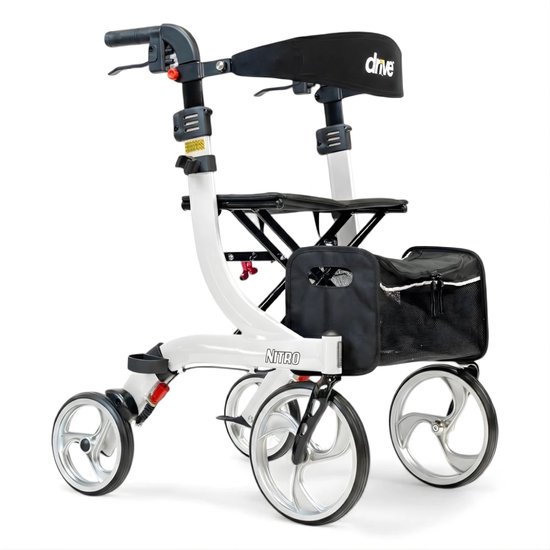 Witte 'Nitro' rollator met vier wielen, zitting, tas en verstelbare handgrepen.