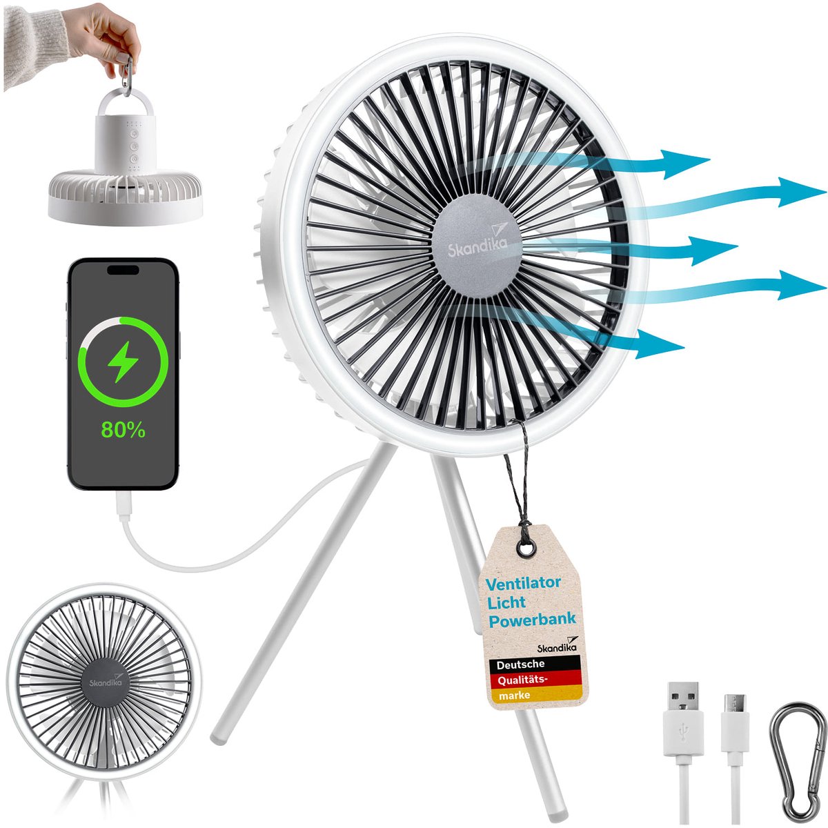 Skandika campinglamp Solvind met ventilator - 3-in-1 campinglantaarn met tafelventilator & powerbank, ringlicht wit, met USB Type-C laadkabel, dimbaar, timer | Lantaarn voor camping, outdoor, wandelen