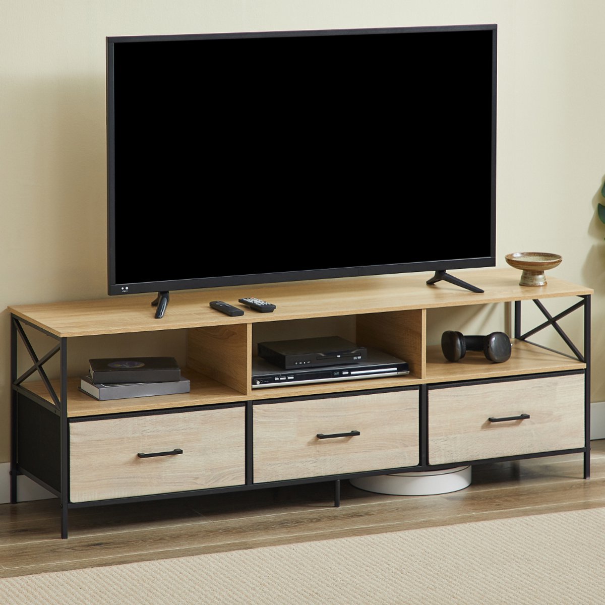 CASABEL tv-meubel van 147 cm in zwart metaal en MDF met 3 stevige stoffen lades en open schappen, modern en robuust design.