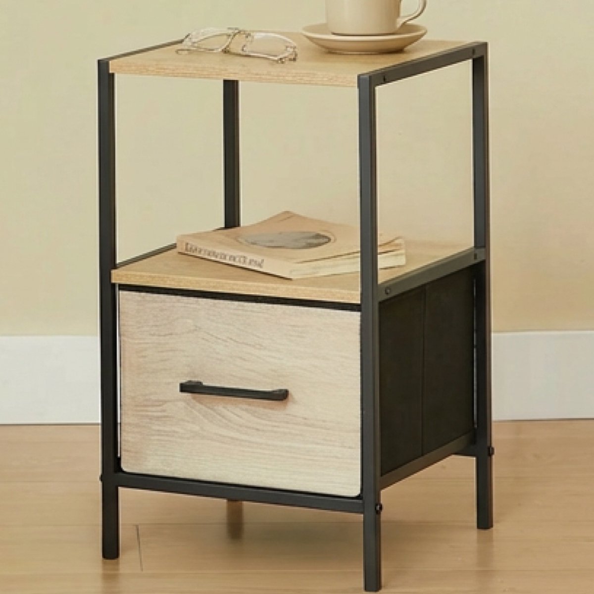 CASABEL Nachtkastje met lade in stevige stof, zwart metaal en MDF-hout, 30×30×50 cm, bijzettafel voor slaapkamer of bank