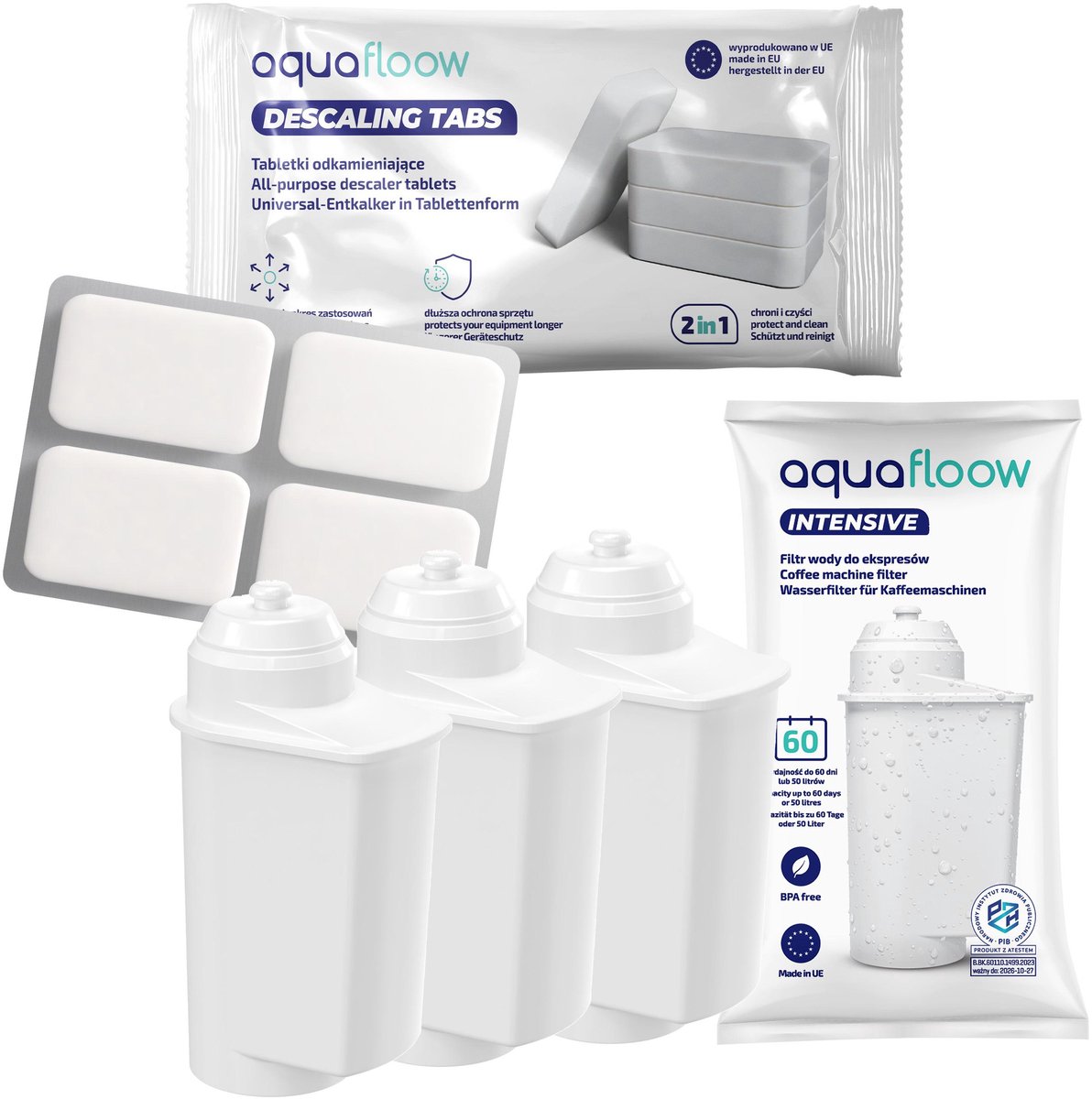 AquaFloow, set voor koffiemachines - 3x Waterfilter + Ontkalkingstabletten - vervanging 575491, 467873, TCZ7003, TZ700D3 - compatibel met Bosch Siemens Koffiemachines