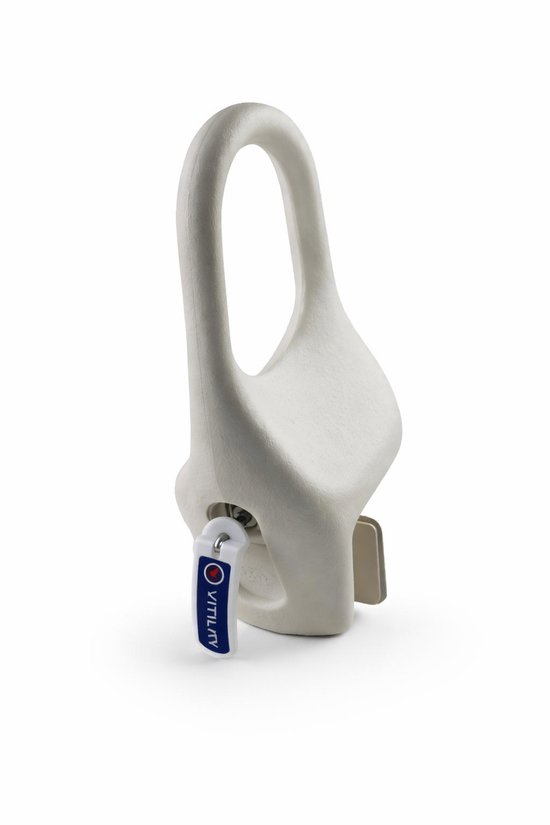 Witte badrandbeugel met gesloten grijpmechanisme, een leeg vak voor label en een kleine sleutelring.