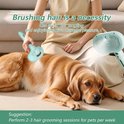 Vrouw op de vloer borstelt een bruine golden retriever met een lichtgroene stoomborstel, de hond ligt ontspannen.