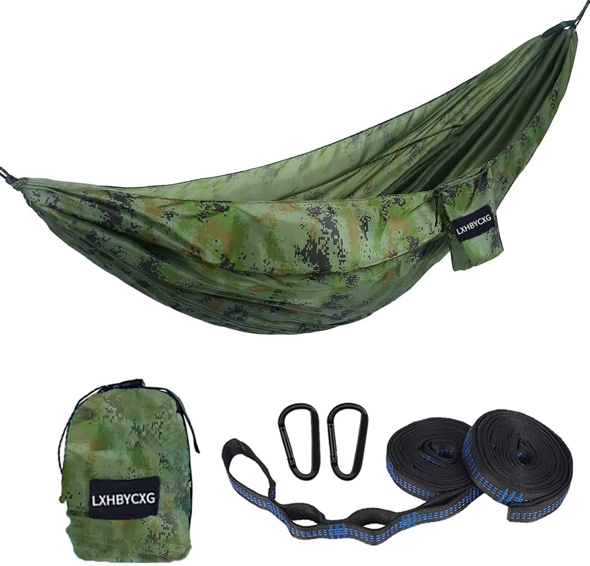 Campinghangmat dubbel enkelvoudig - ultralicht nylon parachute 210T - 400kg draagvermogen - 2x 3m boomriemen - snel op te zetten - geschikt voor backpacken kamperen strand tuin wandelen - groot camouflage