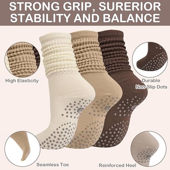 Antislip sokken - antislip sokken pilates - Eén maat 36-46 - yoga sokken - yoga sokken antislip - Geschikt voor Lange Scrunch Slipper Sokken - 3 paar - geschikt voor yoga, ballet, dans, ballet, fitness - Khaki, Bruin, Beige - One Size van Merkloos — afbeelding 4