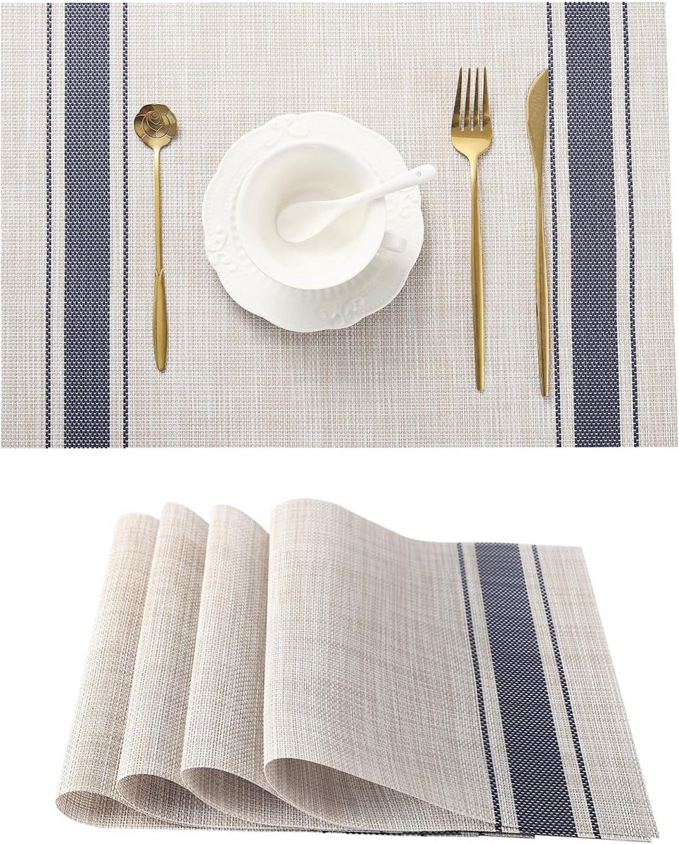 Set van 4 Placemats Khaki Blauw - Hittebestendig & Antislip Tafelmatten