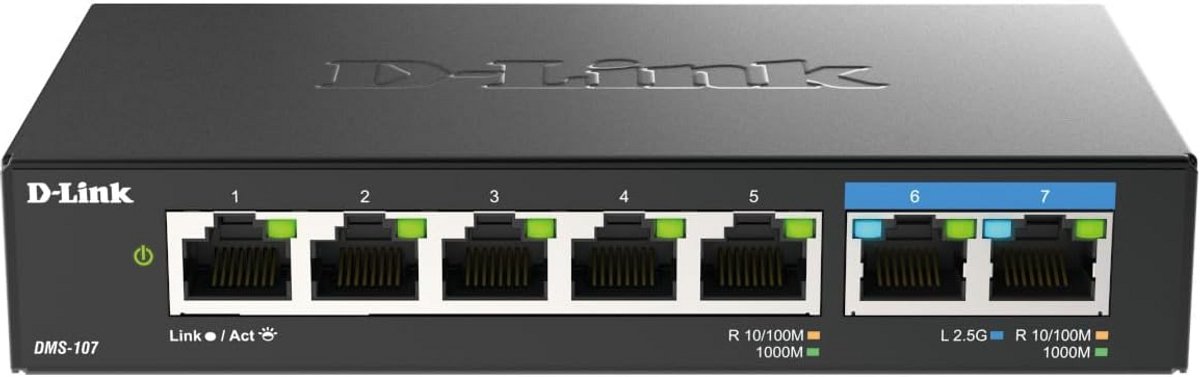 7-Poorts 2.5G Switch met 5 Gigabit Poorten - Ventilatorloos, Plug & Play, Stil