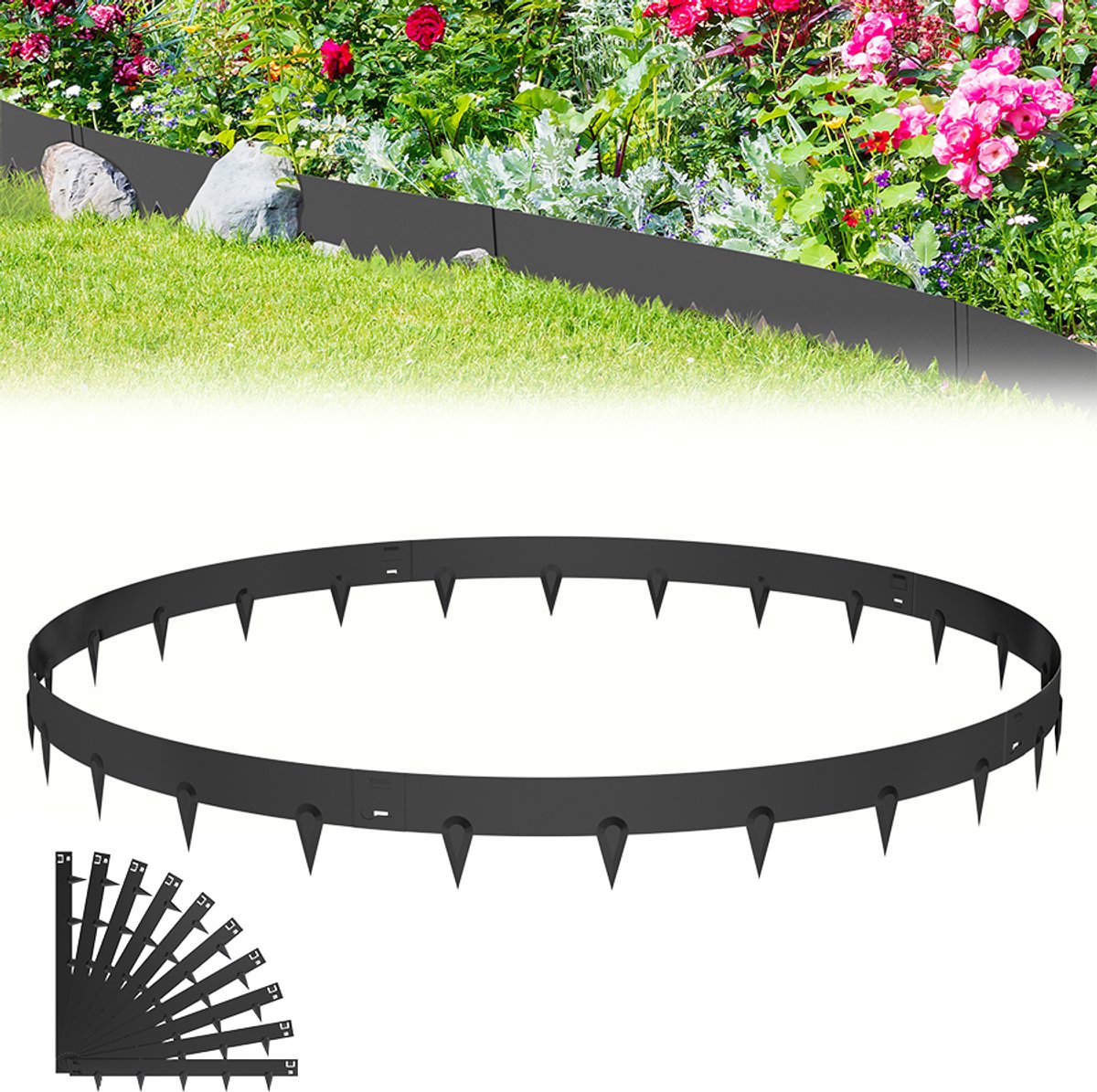 Aufun Gazonrandafwerking - 10-delig set - 106x16 cm per stuk - Totaal 10,6 m - Gegalvaniseerd metaal - Zwart - Voor tuin, park en boerderij
