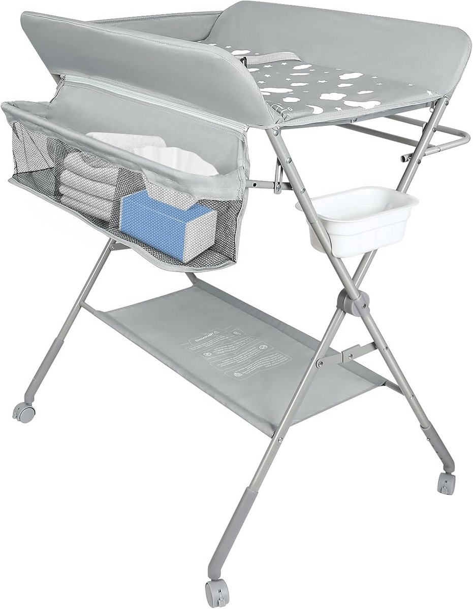 Verstelbare Luiertafel met Wielen en Veiligheidsgordel - Opvouwbaar Babyverzorgingsstation