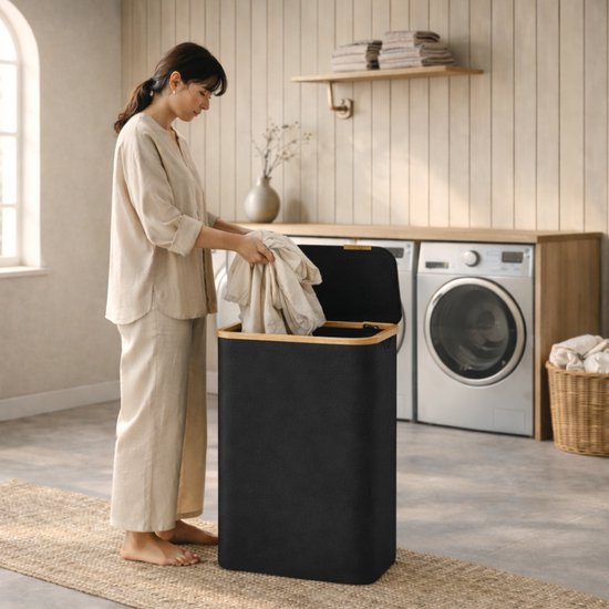 ACAZA Panier à Linge - Trieur de Linge - Panier à Linge avec Couvercle - Panier à Linge 2 Compartiments - Bamboe - 130L - Zwart