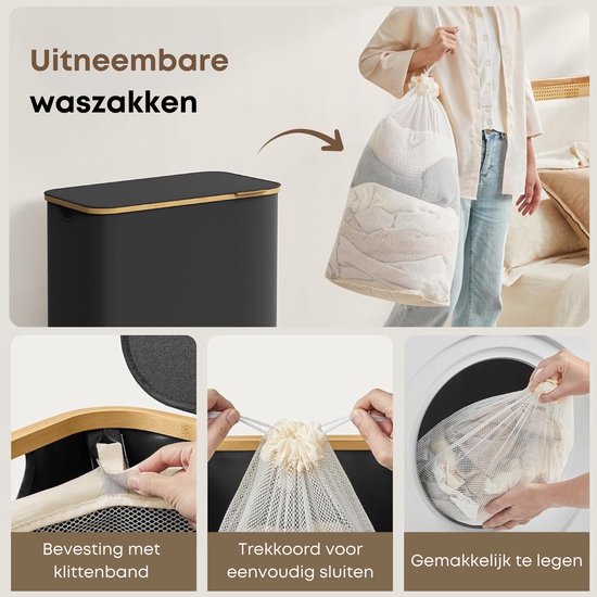 ACAZA Panier à Linge - Trieur de Linge - Panier à Linge avec Couvercle - Panier à Linge 2 Compartiments - Bamboe - 130L - Zwart