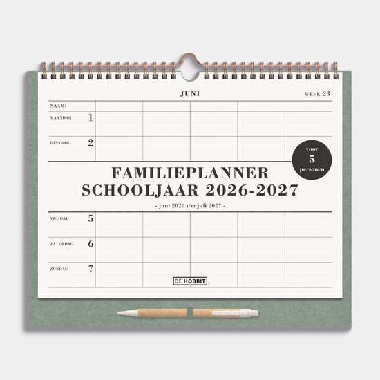 Hobbit - Familieplanner 2026-2027 - A4+ (25,5 x 30 cm) - Familie kalender - Spiraal gebonden - 5 personen - met pen - Groen