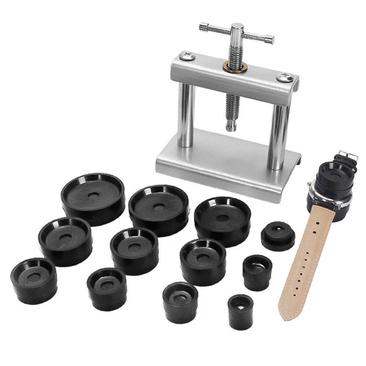 Horlogepers - Horloge persmachine - Horlogekastkrimper - Horlogereparatiegereedschap - Uitgerust met 18 ABS-kunststof Mallen