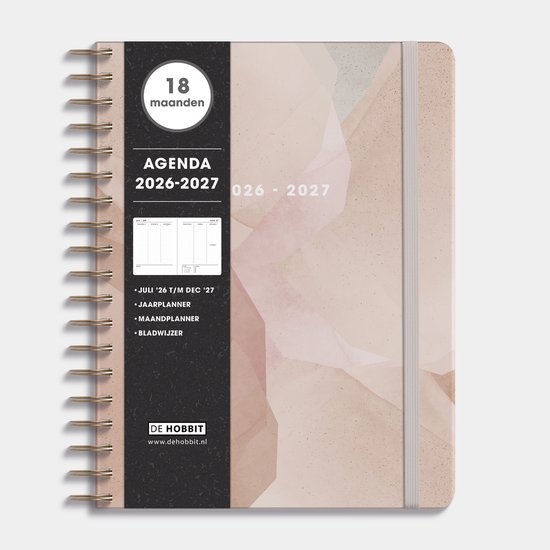 Hobbit - 18 Maanden Agenda 2026-2027 - 1 week op 2 pagina's - Harde Kaft - Ringband Agenda - ±A4 (20,5 x 26,5 cm) - Abstract Oudroze