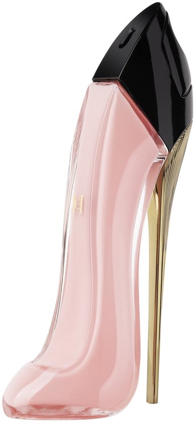 Flacon de parfum rose pâle en forme de escarpin avec bout noir et talon aiguille doré.