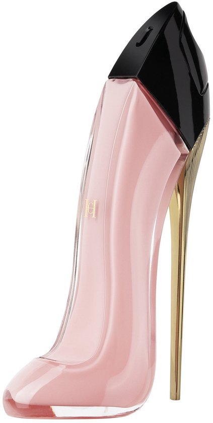Roze glazen parfumfles in de vorm van een hoge hak met gouden naaldhak en zwarte punt.