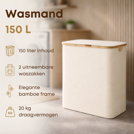 ACAZA Panier à Linge - Trieur de Linge - Panier à Linge avec Couvercle - Panier à Linge 3 Compartiments - Bamboe - 150L - Wit