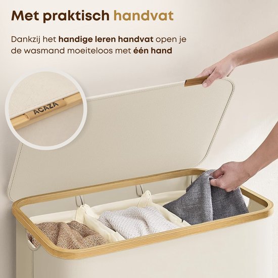 ACAZA Panier à Linge - Trieur de Linge - Panier à Linge avec Couvercle - Panier à Linge 3 Compartiments - Bamboe - 150L - Wit