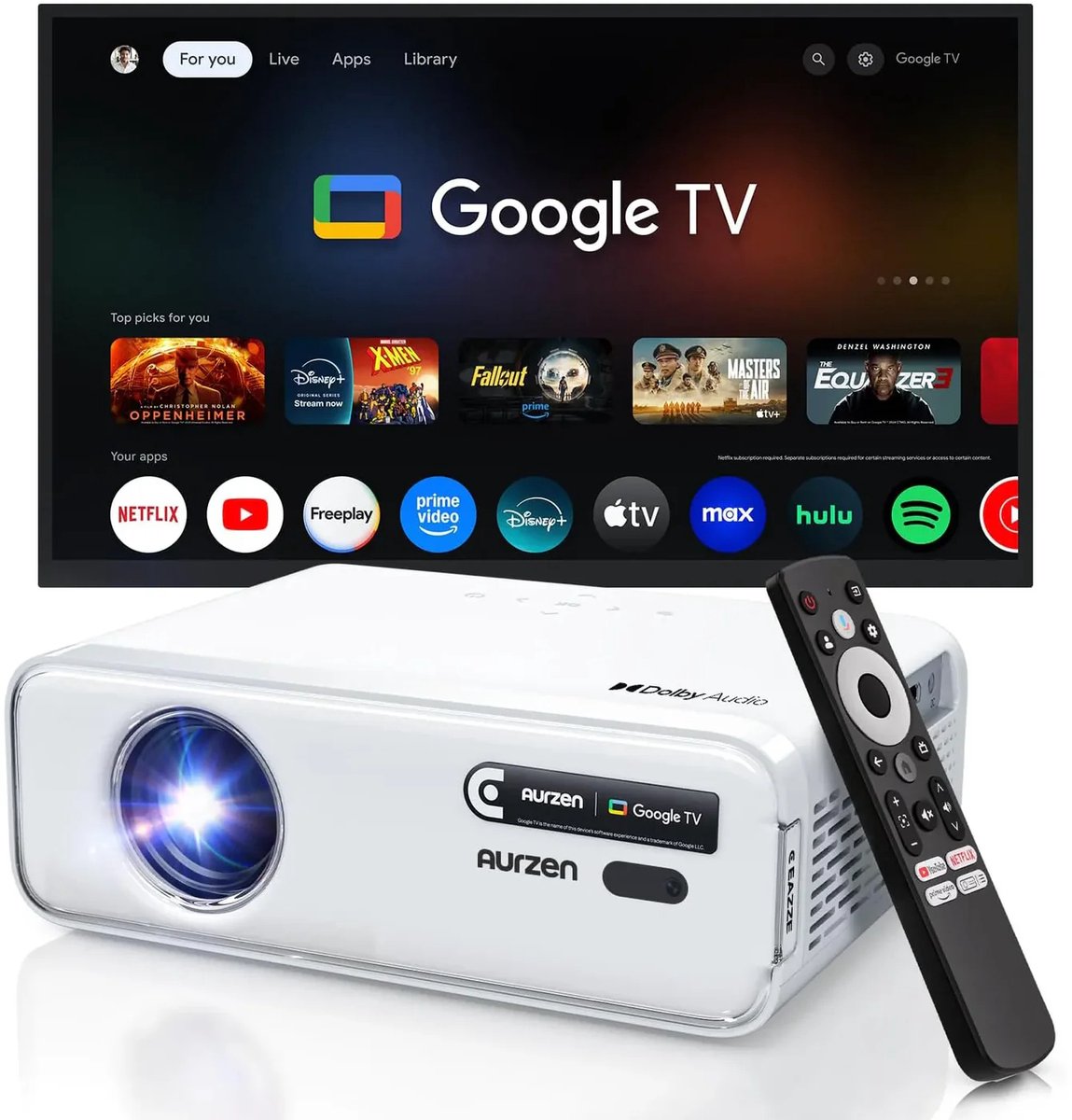 Aurzen EAZZE D1G Mini Beamer – Google TV – Mini Projector – Full HD 1080p – Google TV (ingebouwd) – HDR10 – Dolby Audio – Auto Focus & Keystone – WiFi 5G & Bluetooth 5.1 – Stream eenvoudig vanaf je smartphone – Chromecast ingebouwd