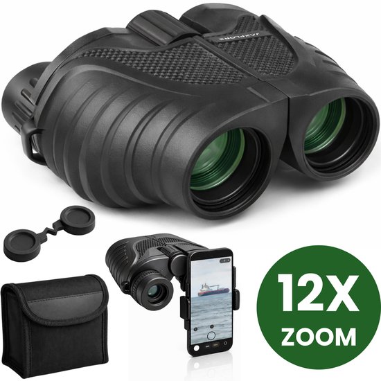 Jumelles compactes Jaxplore - 12x25 - BAK4 - Traitement Multi intégral (FMC) - Adaptées aux porteurs de lunettes - Accessoires inclus - Zwart