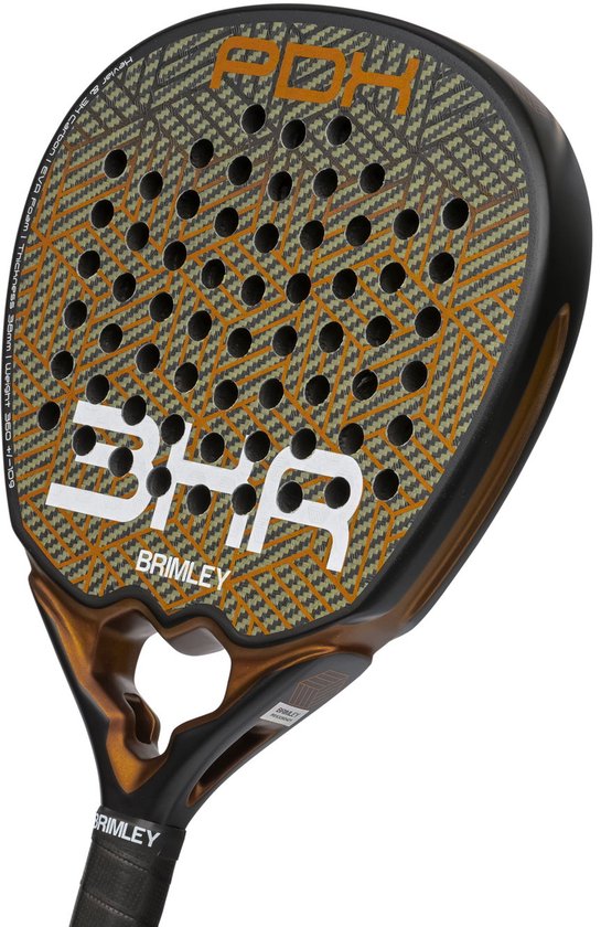 Druppelvormige padelracket, zwart met groen en oranje ruitpatroon. "BHR" logo in het wit.