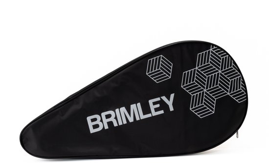 Zwarte draagtas voor een padelracket met "BRIMLEY" logo en geometrisch patroon.