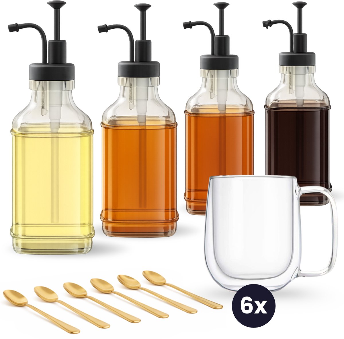 Luckysense Koffiehoek Set - Dubbelwandige glazen – Siroopdispensers – Koffielepels