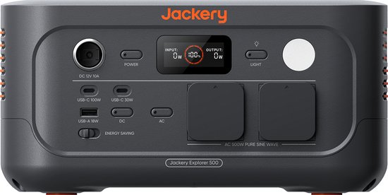 Jackery Explorer 500 powerstation met display met invoer en uitvoer, en twee AC-aansluitingen.