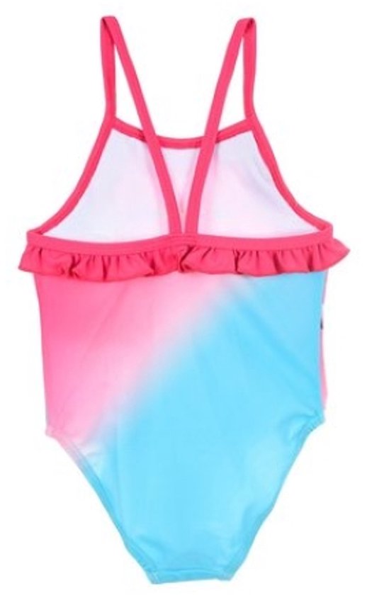 Roze en blauw ombre badpak met ruches aan de bovenkant en gekruiste bandjes op de rug.